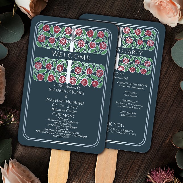 Gray Silver Floral Sword Royal Wedding Program Hand Fan (Creator Uploaded)