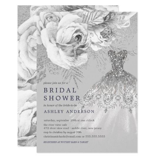 Gray & Silver Floral Wedding Dress Bridal Shower Invitation