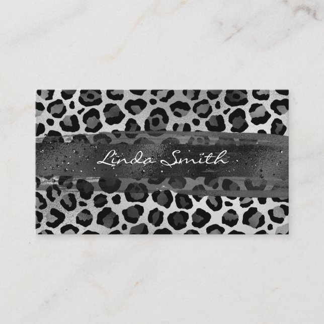 Gray Silver Foil Leopard Brush Stroke Business Card (Front)