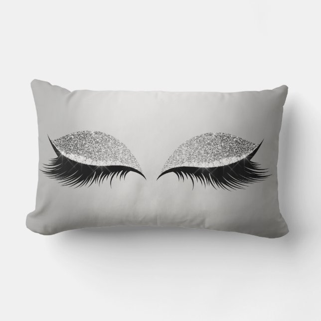 Gray Silver Glitter Black Eyes Glam Makeup Lashes Lumbar Pillow (Front)