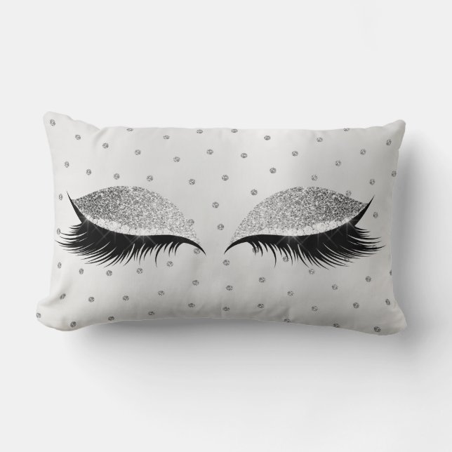 Gray Silver Glitter Eyes Makeup Lashes Swarovski Lumbar Pillow (Front)