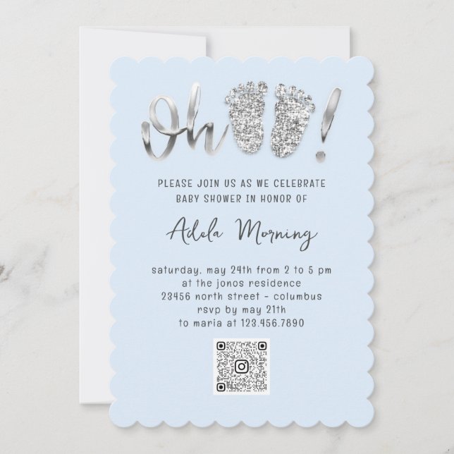 Gray Silver Glitter Feet Baby Girl Boy Blue QRCODE Invitation (Front)