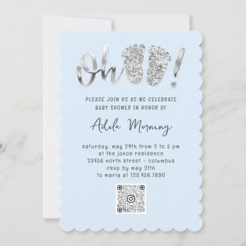 Gray Silver Glitter Feet Baby Girl Boy Blue QRCODE Invitation