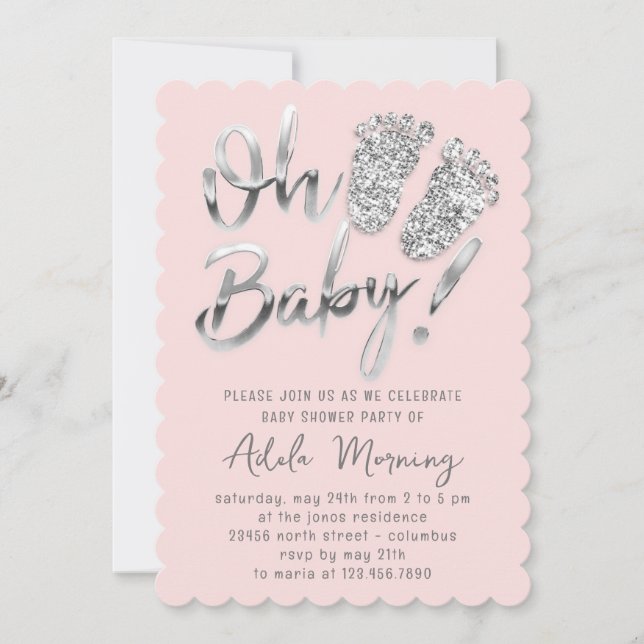 Gray Silver Glitter Feet Baby Girl Boy Pink Pastel Invitation (Front)