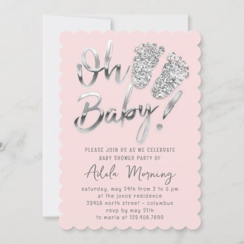 Gray Silver Glitter Feet Baby Girl Boy Pink Pastel Invitation