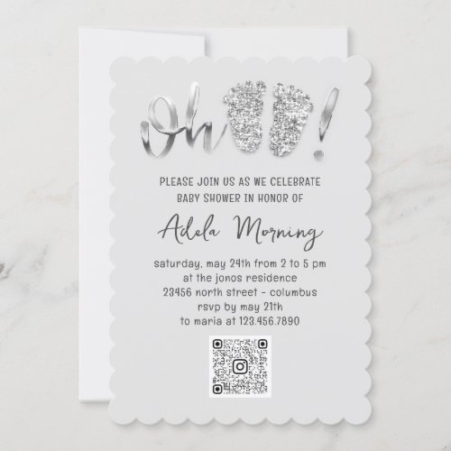 Gray Silver Glitter Feet Baby Girl Boy QR CODE Invitation