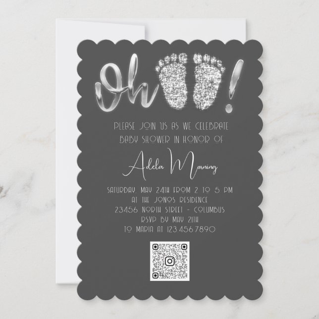Gray Silver Glitter Feet Baby Girl Boy QRCODE Gray Invitation (Front)