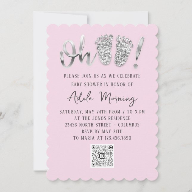 Gray Silver Glitter Feet Baby Girl QR CODE Pink  Invitation (Front)