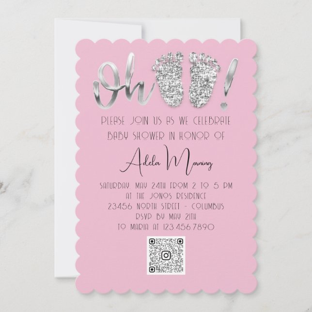 Gray Silver Glitter Feet Baby Girl QR CODE Pink Invitation (Front)