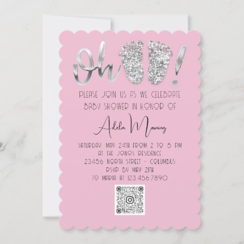 Gray Silver Glitter Feet Baby Girl QR CODE Pink Invitation