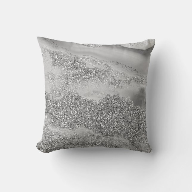 Gray Silver Glitter Luxury Agate Geode Throw Pillow (Front)
