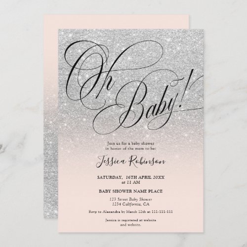 Gray silver glitter ombre script pink baby shower invitation