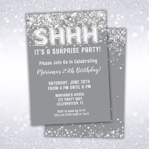 Gray Silver Glitter Surprise Birthday Party Invitation