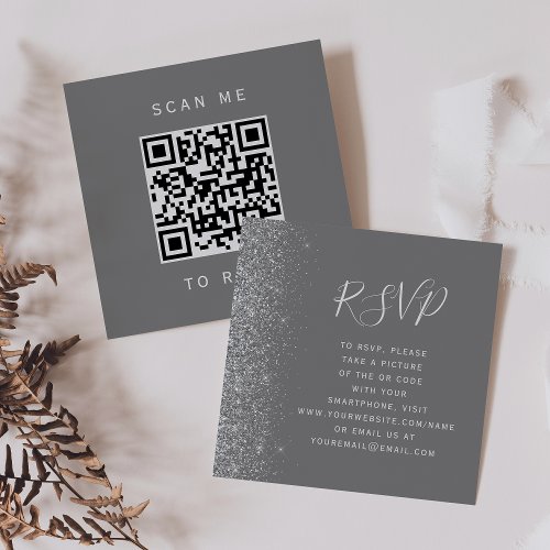 Gray Silver Glitter Wedding QR Code RSVP Enclosure Card