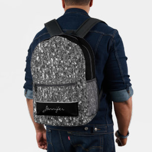 Gray silver glitters sparkles black Custom name Printed Backpack