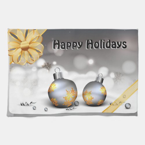 Gray Silver Gold Holiday Baubles Kitchen Towel