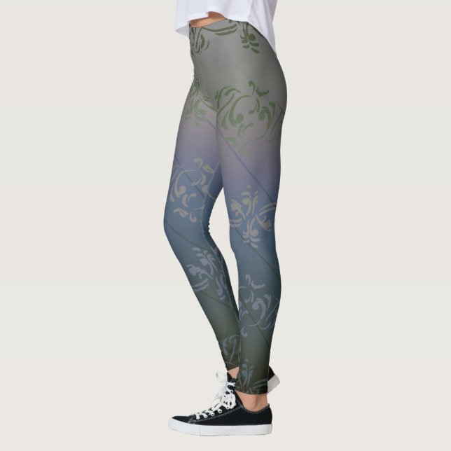 Gray Silver Gradient Striped Floral Leaf Pattern Leggings (Left)