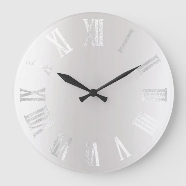 Gray Silver Gray Black Metal Minimal Roman Numbers Large Clock (Front)