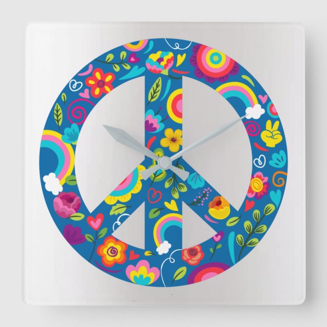 Gray Silver Holographic Peace Love Square Wall Clock (Front)