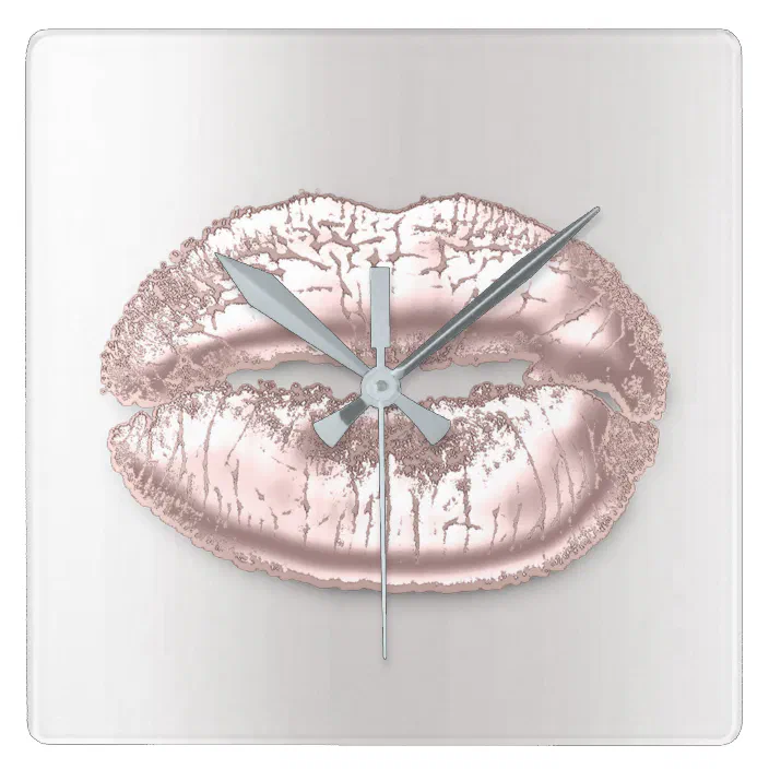 Gray Silver Kiss Lips Pink Rose Gold Metal Makeup Square Wall Clock Zazzle Com