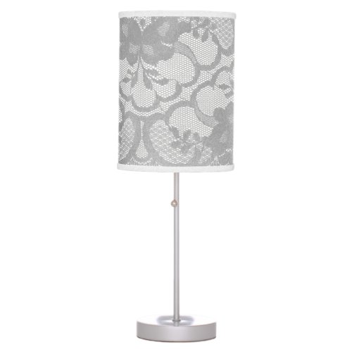 Gray Silver Lace Glam White Luxury Elegant Damask Table Lamp