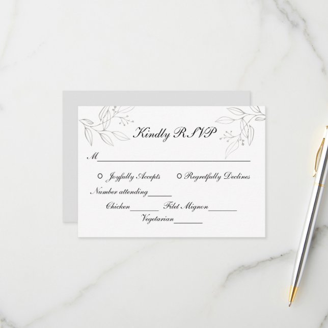 Gray Silver Leaves Minimalist Wedding Entrees RSVP Card (Front/Back In Situ)