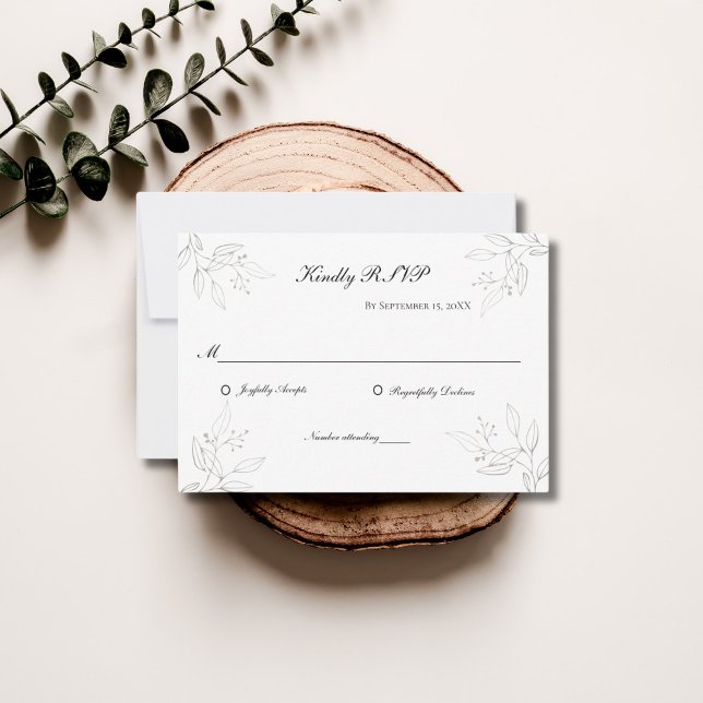 Gray Silver Leaves Minimalist Wedding  RSVP Card (Silver Gray Leaves Botanical Wedding RSVP card)