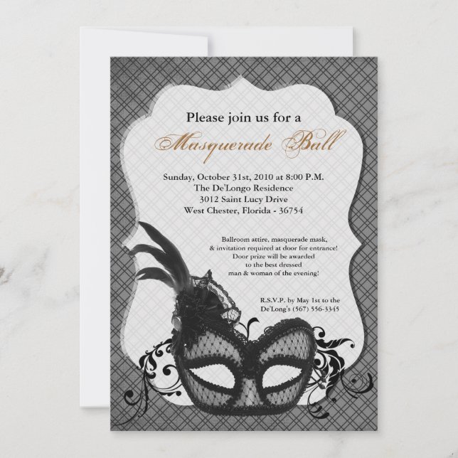 Gray Silver Masquerade Mask Ball Costume Halloween Invitation (Front)