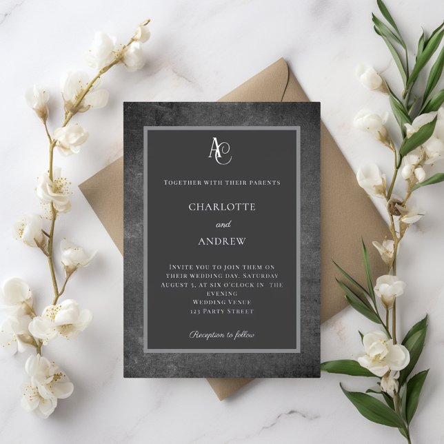 Gray silver modern monogram rustic wedding foil invitation (Creator Uploaded)