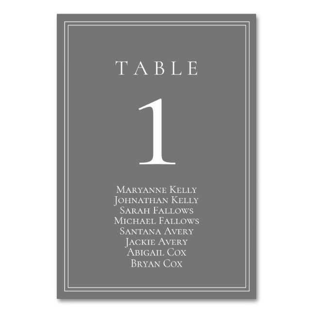 Gray Silver Modern Table Number with Seating Chart (Front)
