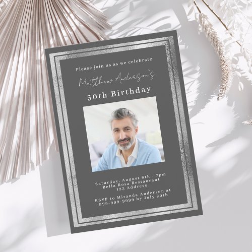 Gray silver photo birthday invitation