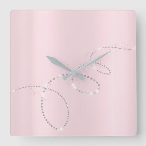 Gray Silver Pink Pastel Crystals Infinity Diamonds Square Wall Clock