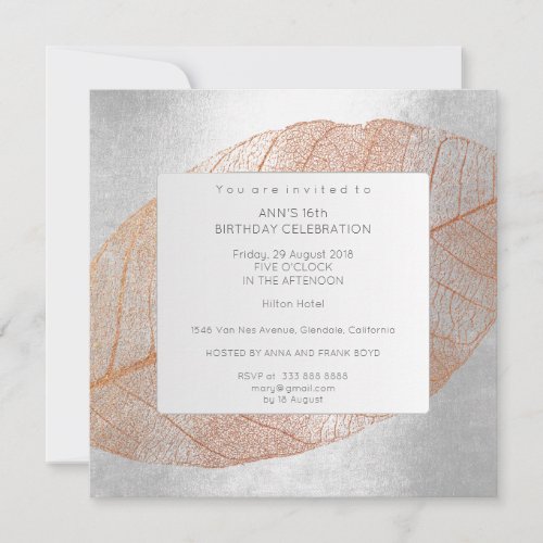 Gray Silver Pink Rose Gold Birthday Party Invitation