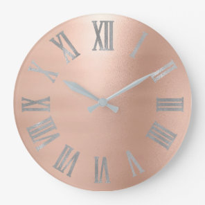 Gray Silver Pink Rose Gold Metallic Roman Numer Large Clock