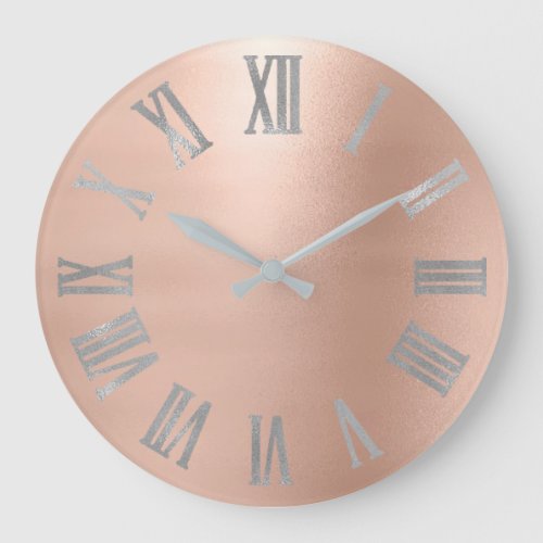 Gray Silver Pink Rose Gold Metallic Roman Numer Large Clock