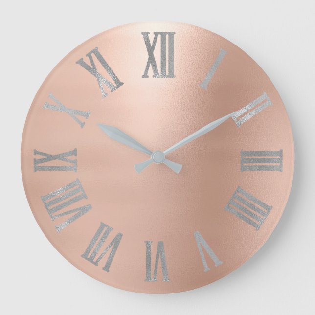 Gray Silver Pink Rose Gold Metallic Roman Numer Large Clock (Front)