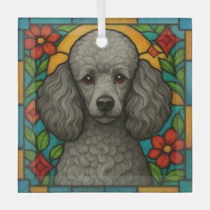 Gray/Silver Poodle Dog "Stained Glass" Glass Ornament