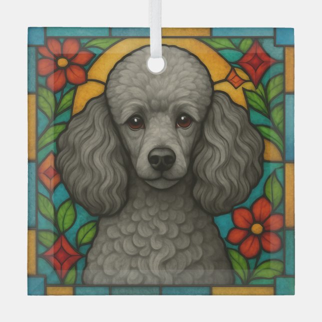 Gray/Silver Poodle Dog "Stained Glass"  Glass Ornament (Front)