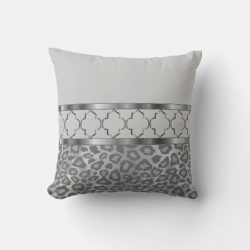 Gray  Silver Quatrefoil and Leopard Throw Pillow