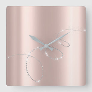 Gray Silver Rose Pastel Crystals Infinity Diamonds Square Wall Clock