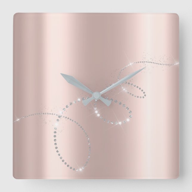 Gray Silver Rose Pastel Crystals Infinity Diamonds Square Wall Clock (Front)