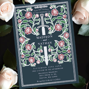 Gray Silver Royal Sword Medieval Fantasy Wedding Foil Invitation