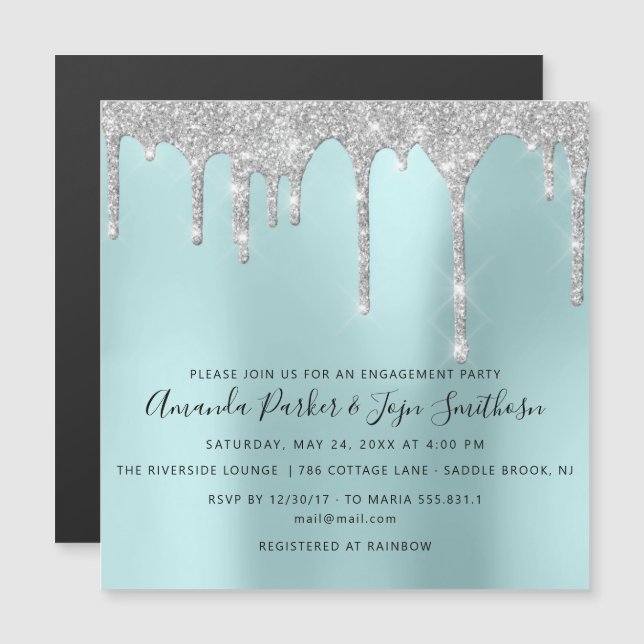 Gray Silver Spark Drips Bridal Wedding Aqua Magnetic Invitation (Front/Back)