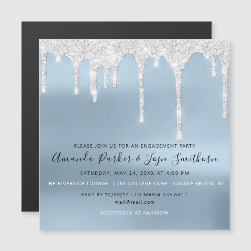 Gray Silver Spark Drips Bridal Wedding Blue Magnetic Invitation