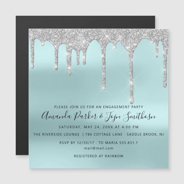 Gray Silver Spark Drips Bridal Wedding Blue  Magnetic Invitation (Front/Back)