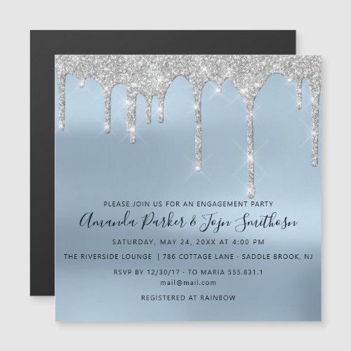 Gray Silver Spark Drips Bridal Wedding Blue Magnetic Invitation