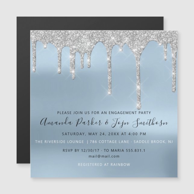 Gray Silver Spark Drips Bridal Wedding Blue Magnetic Invitation (Front/Back)
