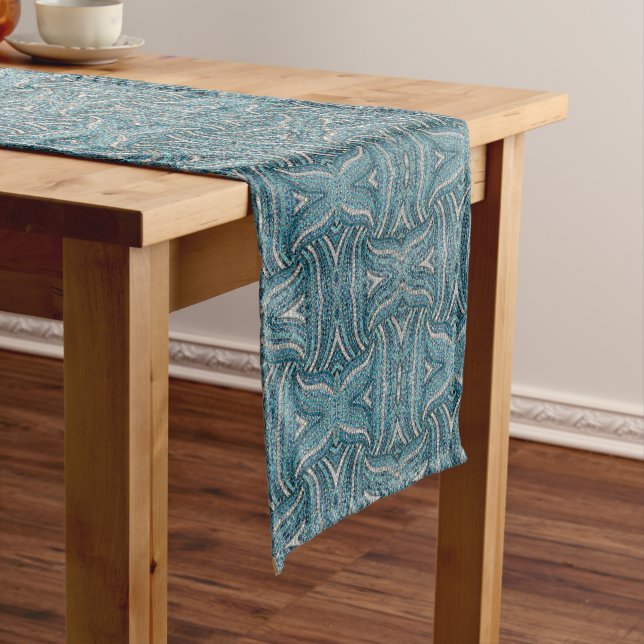 gray silver turquoise teal blue bohemian medium table runner (In Situ)