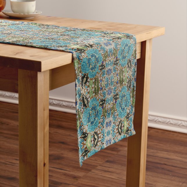 gray silver turquoise teal blue bohemian medium table runner (In Situ)