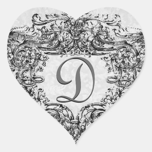 Gray Silver Vintage Ornate Monogram Any Letter V4 Heart Sticker